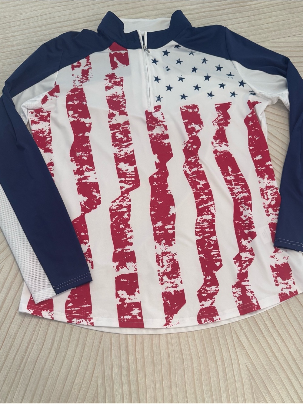 SanSoleil Women’s Long Sleeve Flag Print Quarter Zip - Navy, Red & White